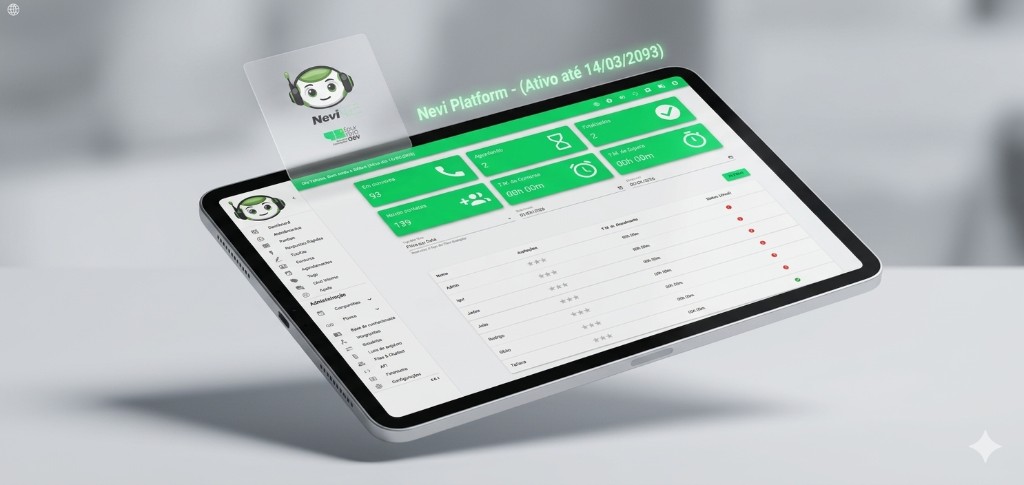 Painel da plataforma Nevi 42 com métricas de atendimento e lista de equipe